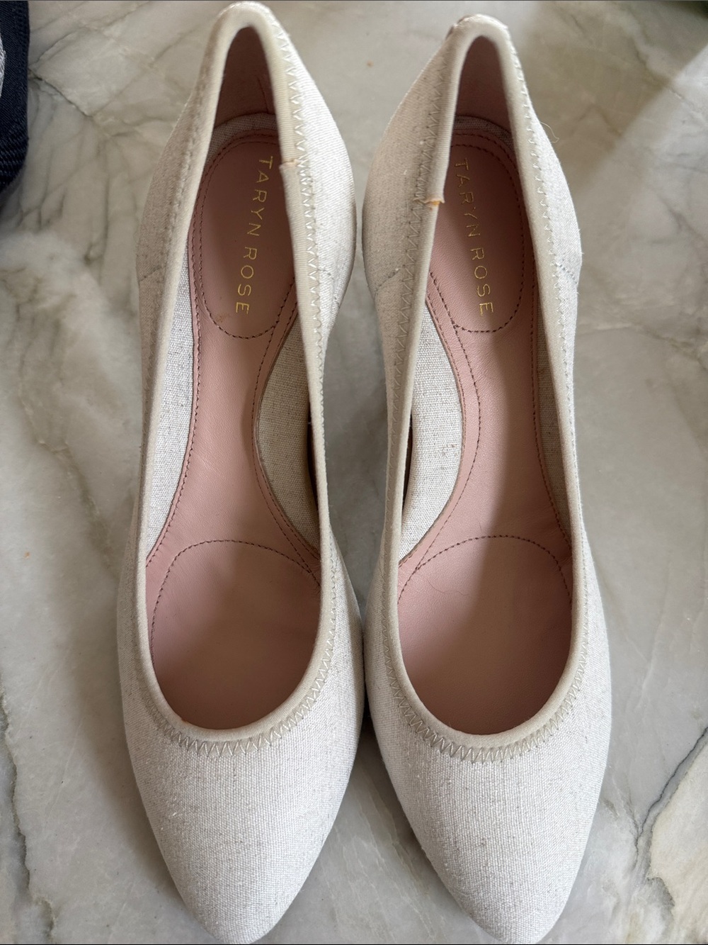 Taryn Rose Pointed-Toe Linen Flats in Natural Cream